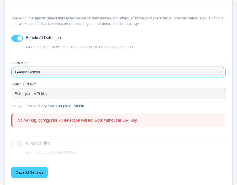 WPfaker Hive toggle in AI detection settings