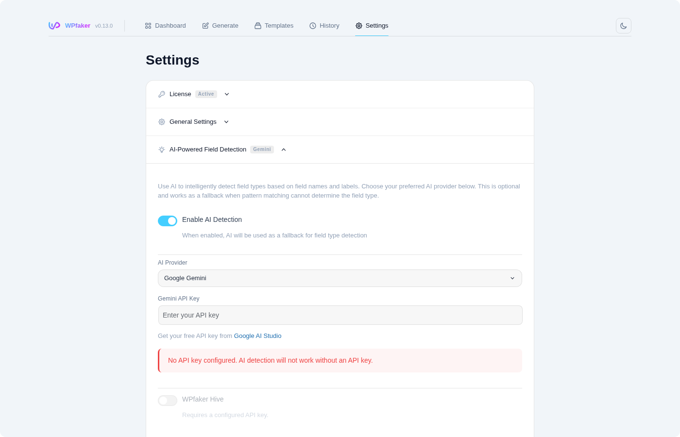 AI detection settings with provider and API key configuration