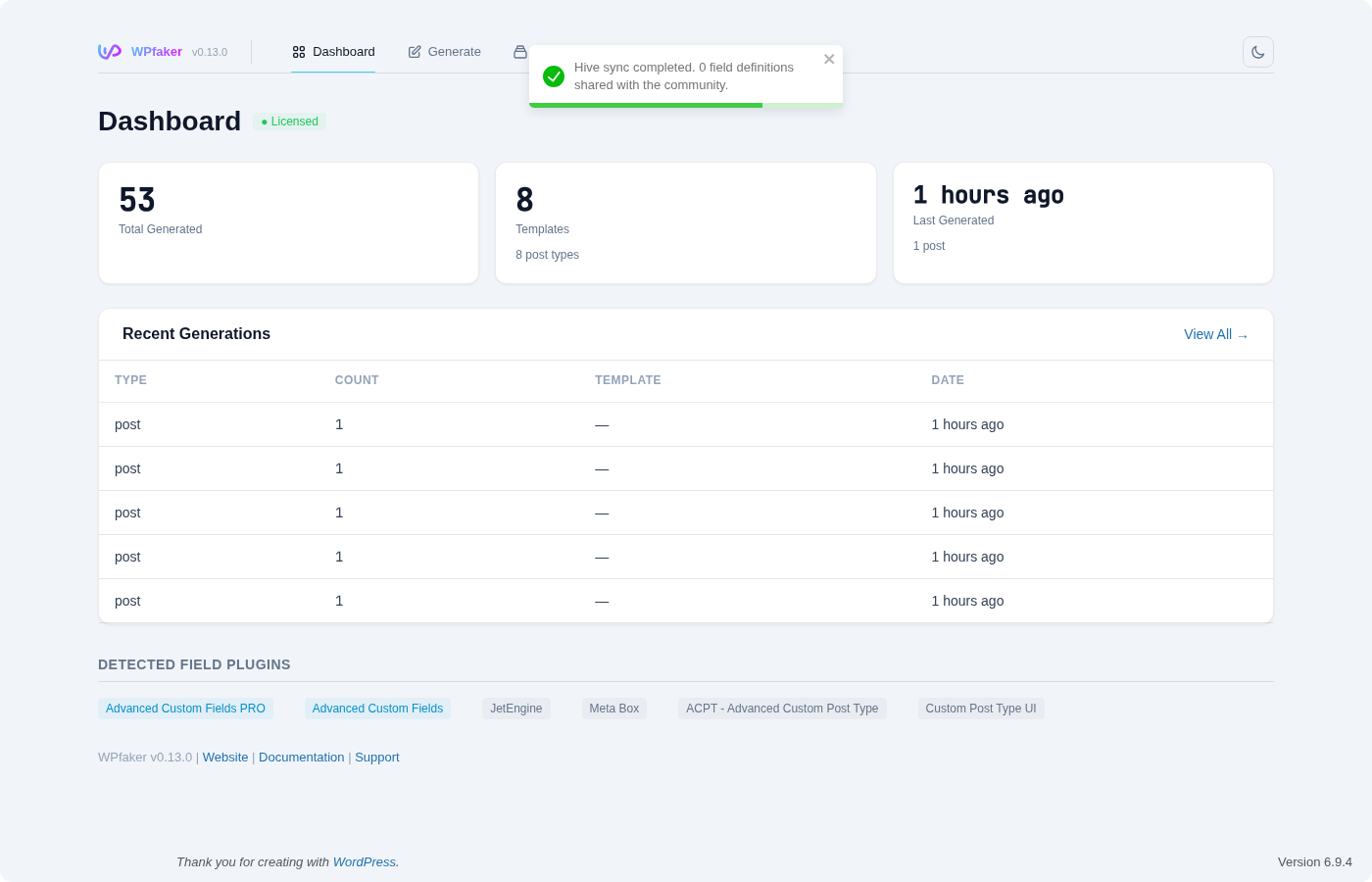 WPfaker dashboard overview