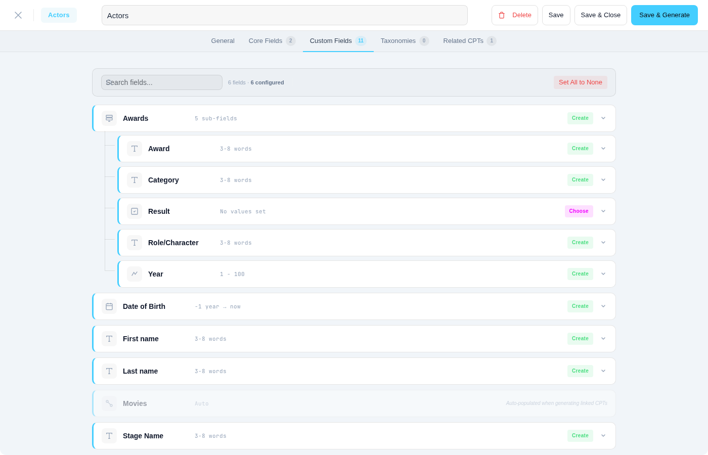 Template fields configuration