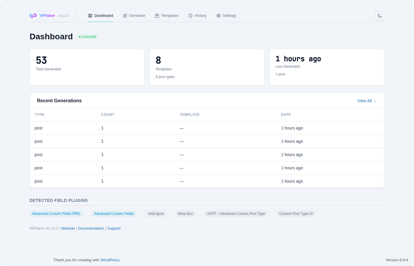 WPfaker dashboard overview