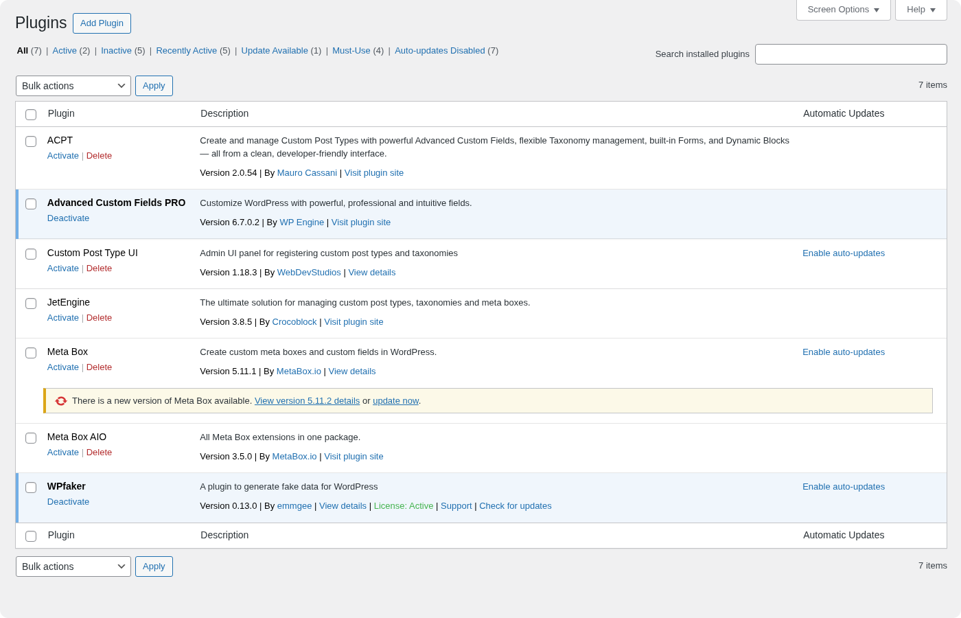 WordPress plugins page with WPfaker