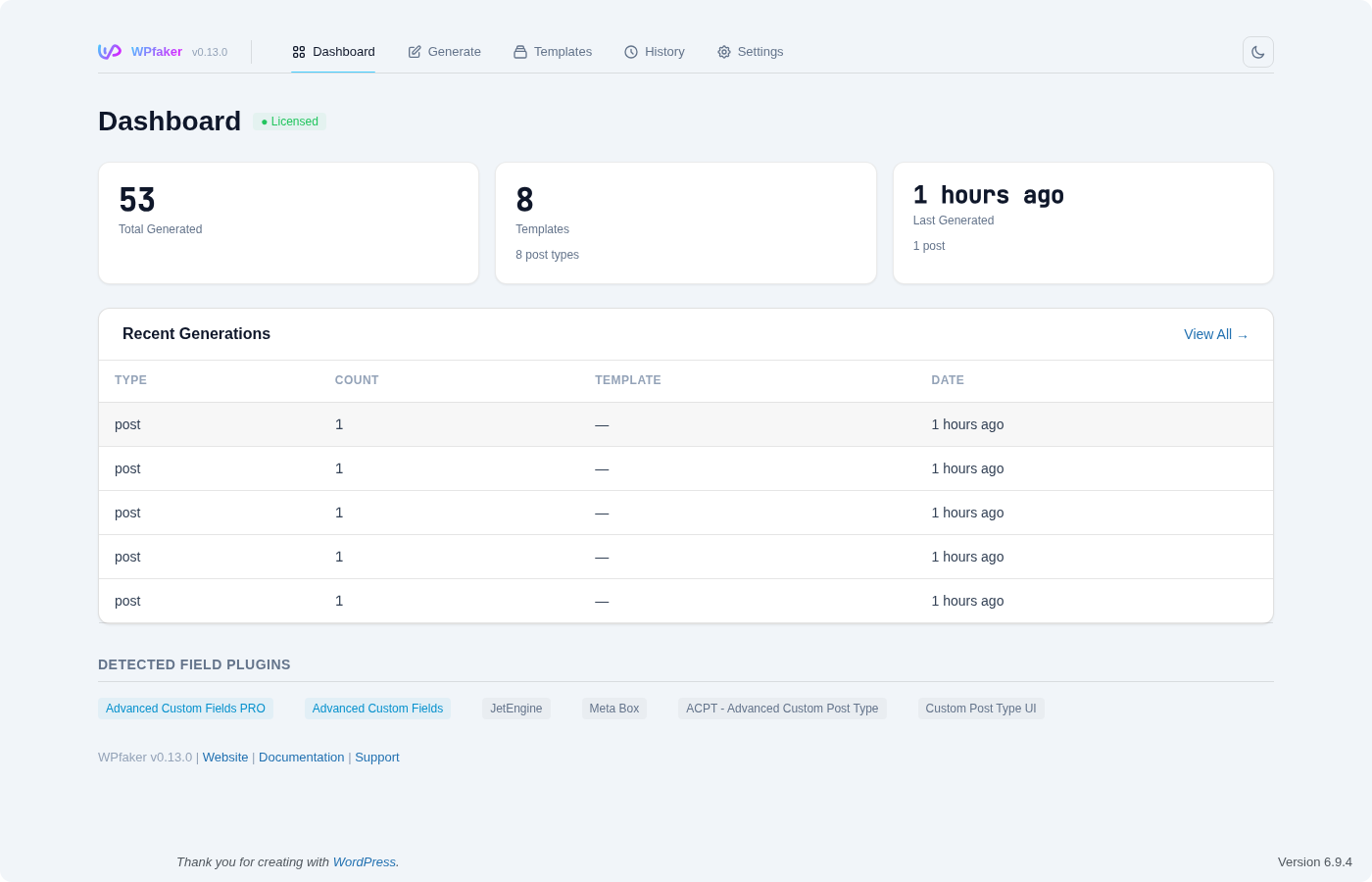WPfaker dashboard with stats