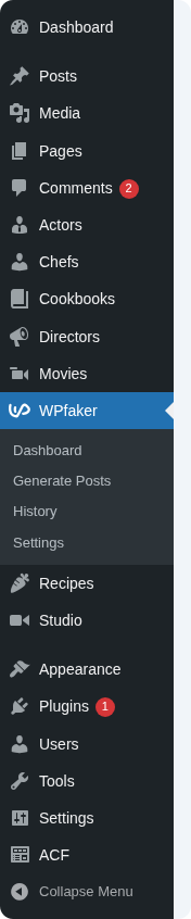 WPfaker sidebar navigation